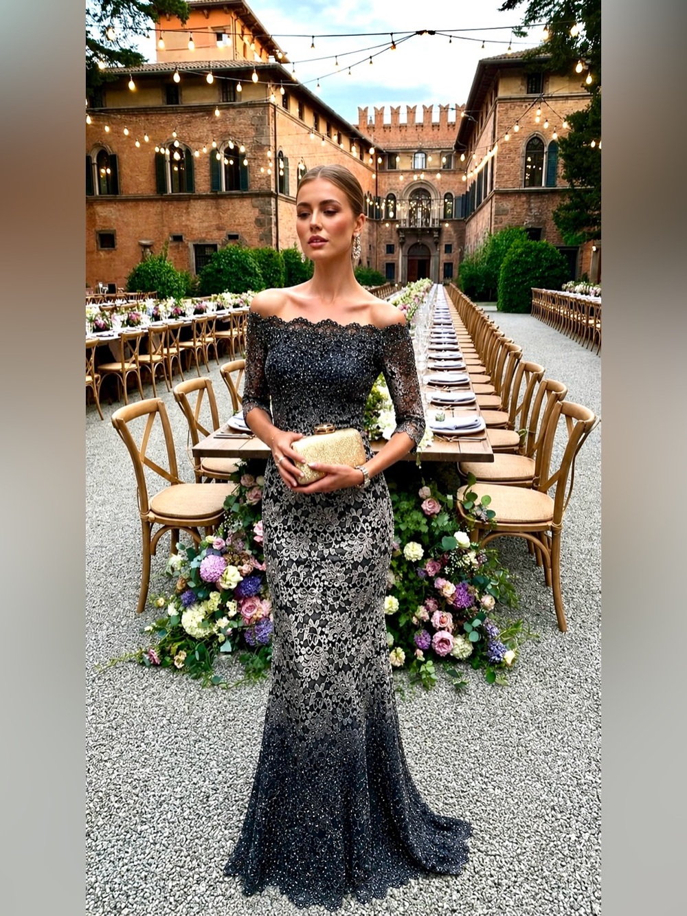 Marina Rinaldi Black Ombre Sequin Off The Shoulder Lace Gown Maxi Crystal Dress